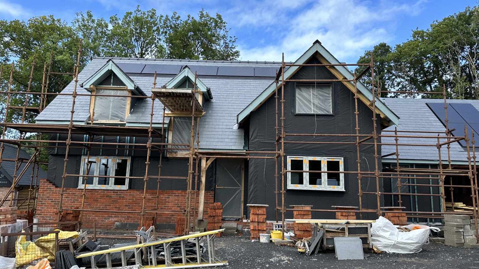 Oak frame dwelling during the brickwork package in Llanwnog