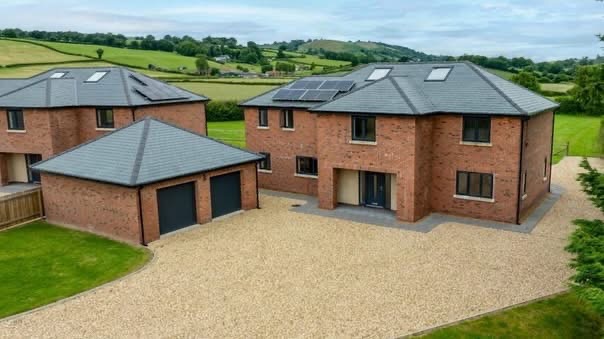 Aerial view of the finished timber frame new build dwelling